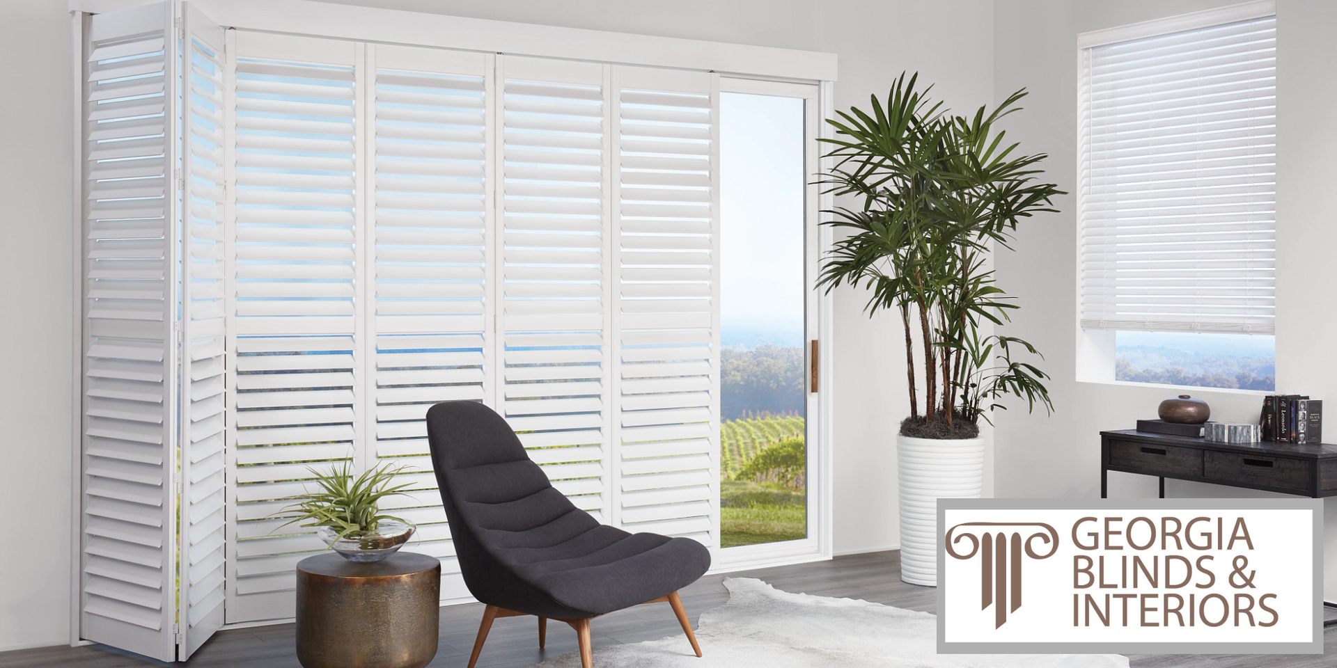 White Hunter Douglas bypass plantation shutters for patio doors in a chic living room 