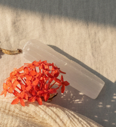 Ixora flower with selenite crystal at Ixora wellness collective