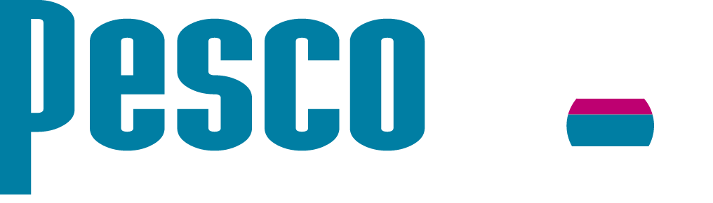 a blue and white logo for pesco on a white background
