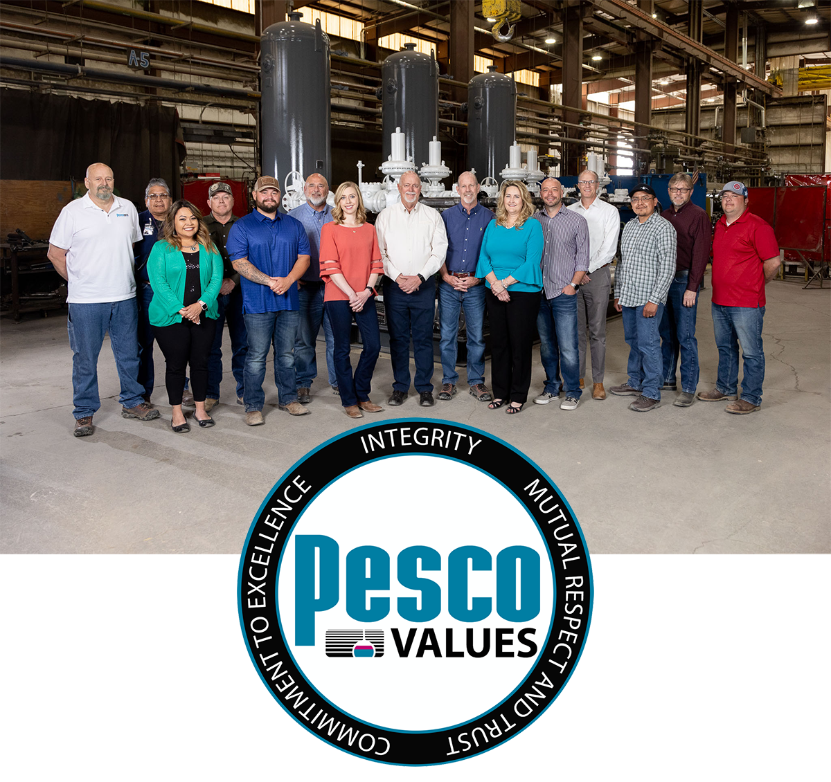 a group of PESCO employees standing in front of a logo for pesco values