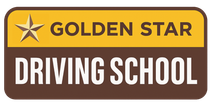 Logo for Golden Star Driving School: a gold star on a gold bar above brown text that says 