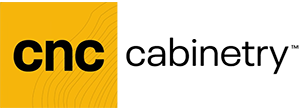 CNC Cabinetry logo with black text beside a yellow square background.
