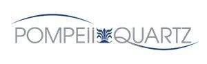 Pompei Quartz logo in gray and blue with a curved line above and below the text