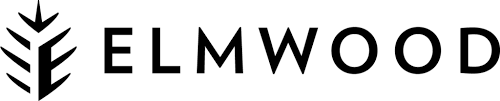 ELMWOOD logo with a stylized leaf icon in black on a white background