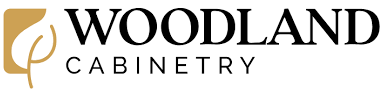 Woodland Cabinetry logo with gold leaf icon and black text on a white background