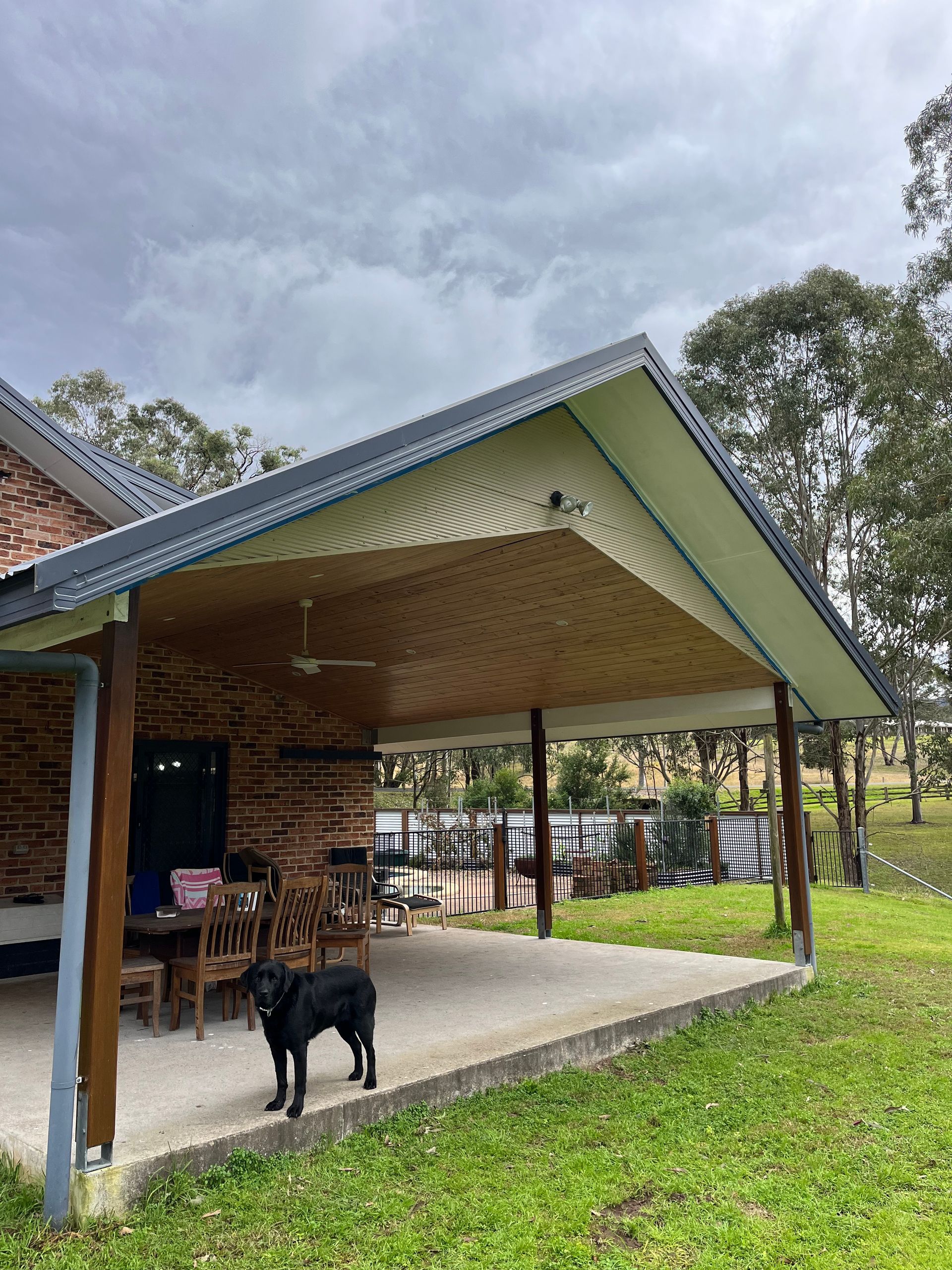 A dog is standing under a covered patio in front of a house — TM Built Construction In Lochinvar, NSW