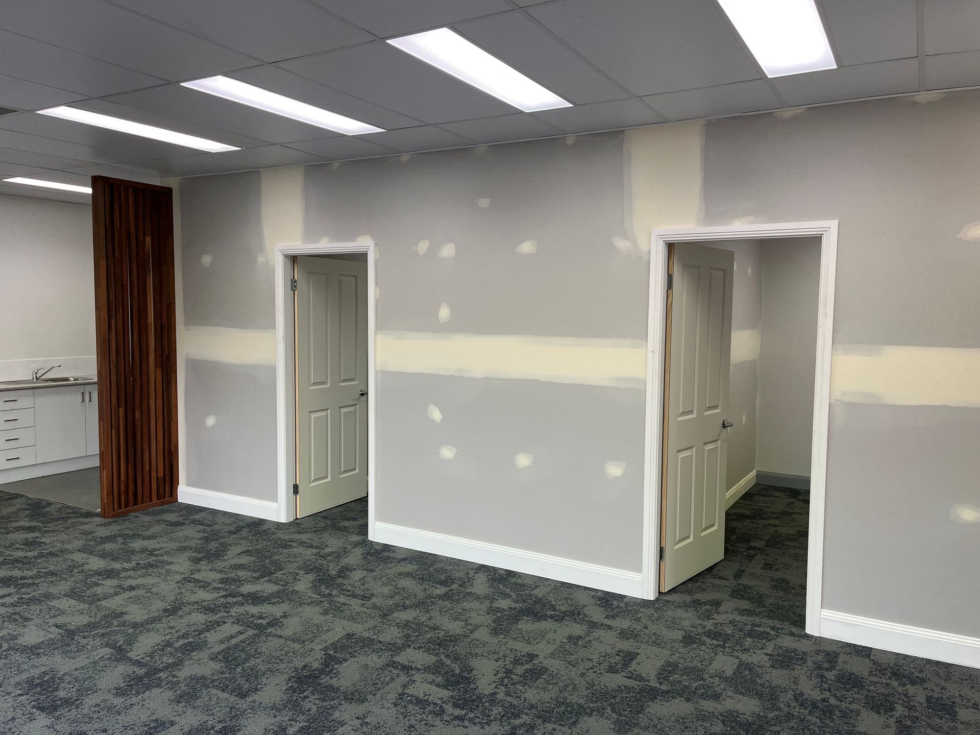 An empty room with a carpeted floor and two doors — TM Built Construction In Lochinvar, NSW