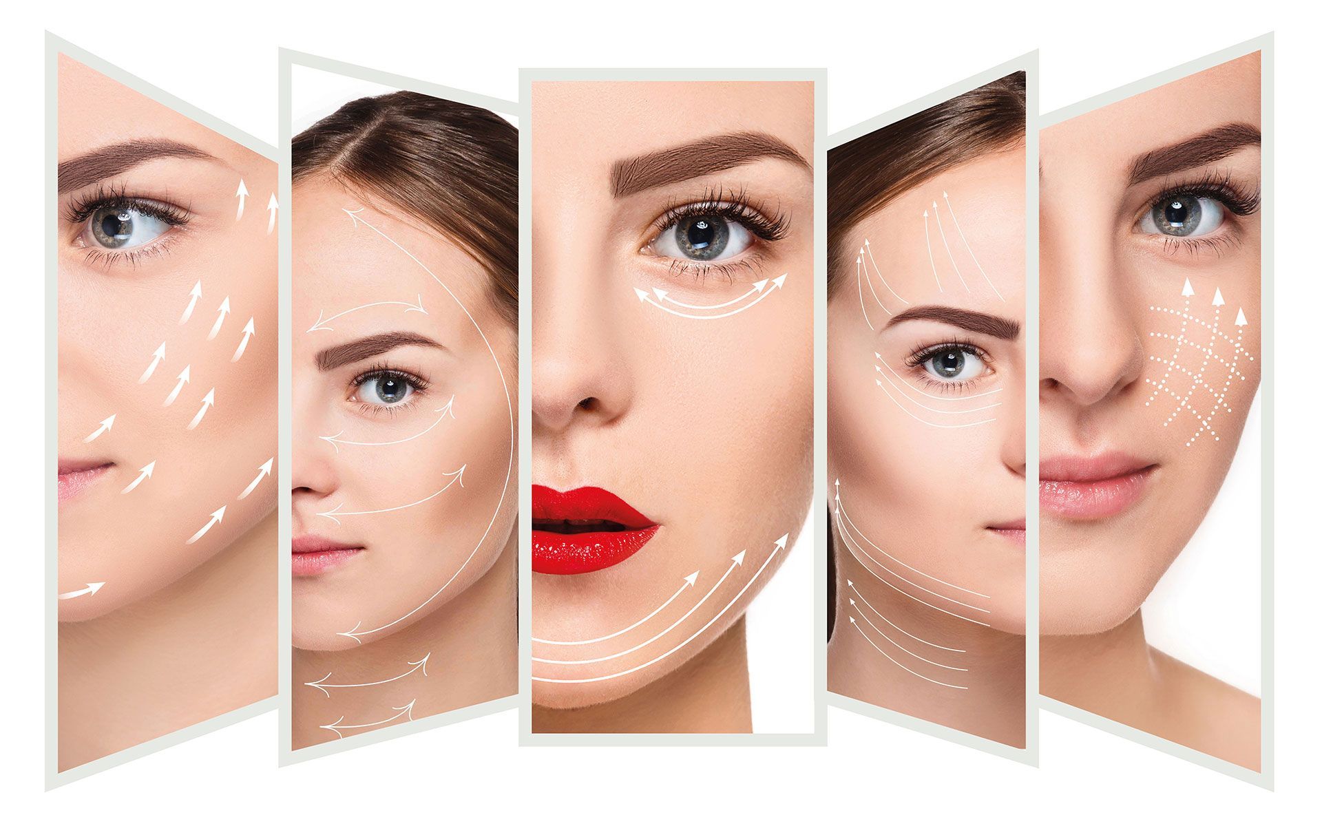 Five women's faces with white arrows indicating skincare or cosmetic procedures.