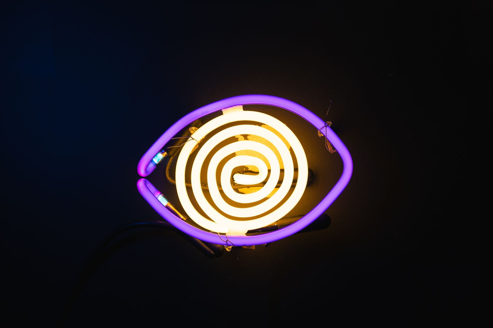 Neon eye sign with purple outline and yellow spiral iris against black; art by Yale Wolf.