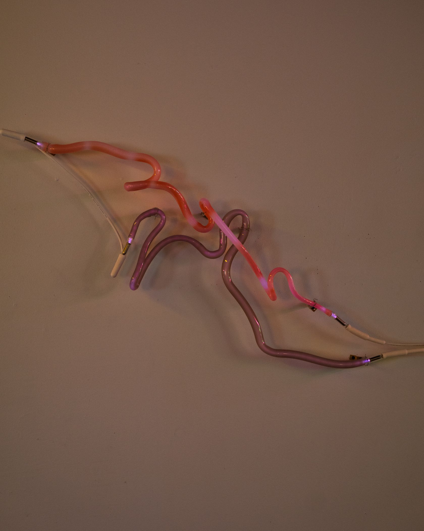 Pink and purple neon light sculpture on a tan wall.