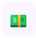 Green stack of money with a dollar sign and yellow strap.