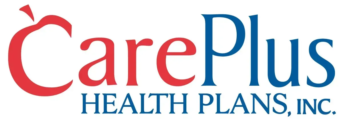 The logo for care plus health plans inc. is red and blue.