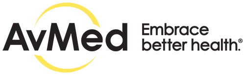 The logo for avmed is black and yellow and says `` embrace better health ''.