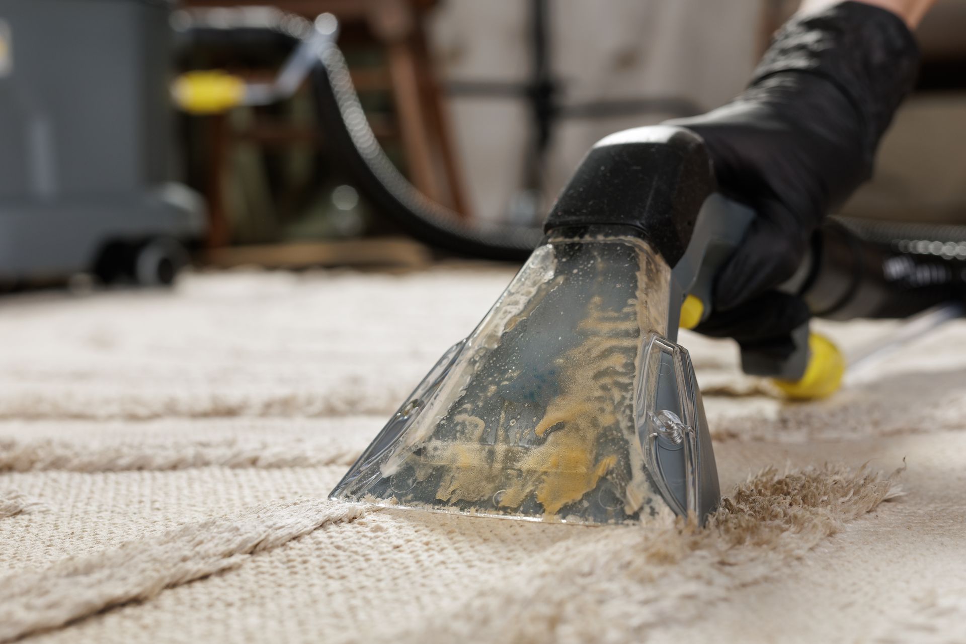 Carpet cleaning nozzle suctioning dirt from a beige carpet in a room