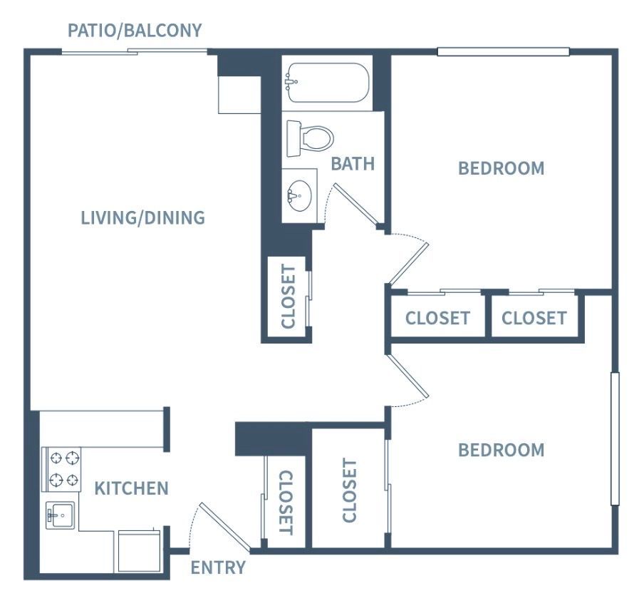 2 bedroom 1 bathroom floor plan layout at Waterford Estates.