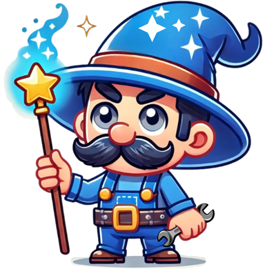 A cartoon of a wizard holding a wand and a wrench