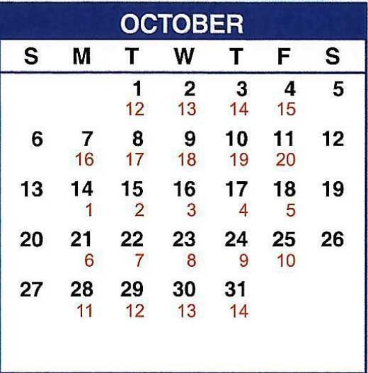 Calendar of October 2022 delivery schedule.