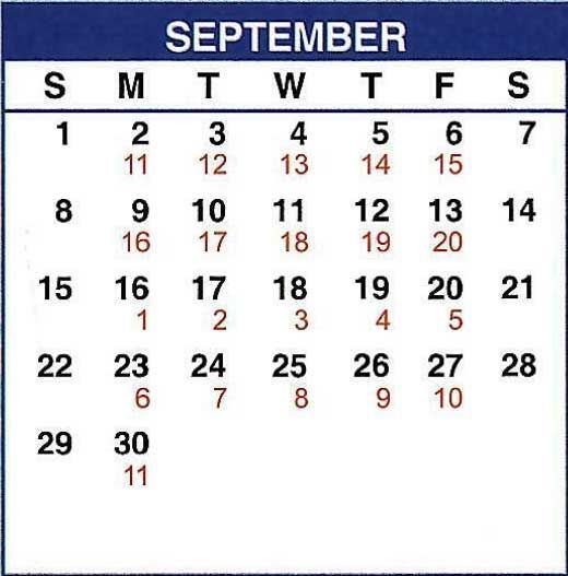 Calendar of September 2022 delivery schedule.