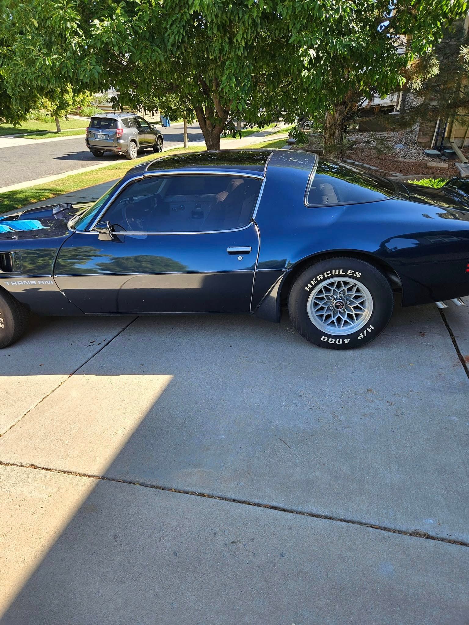 A dark blue classic Camaro parked on a concrete driveway with a tree in the background.
