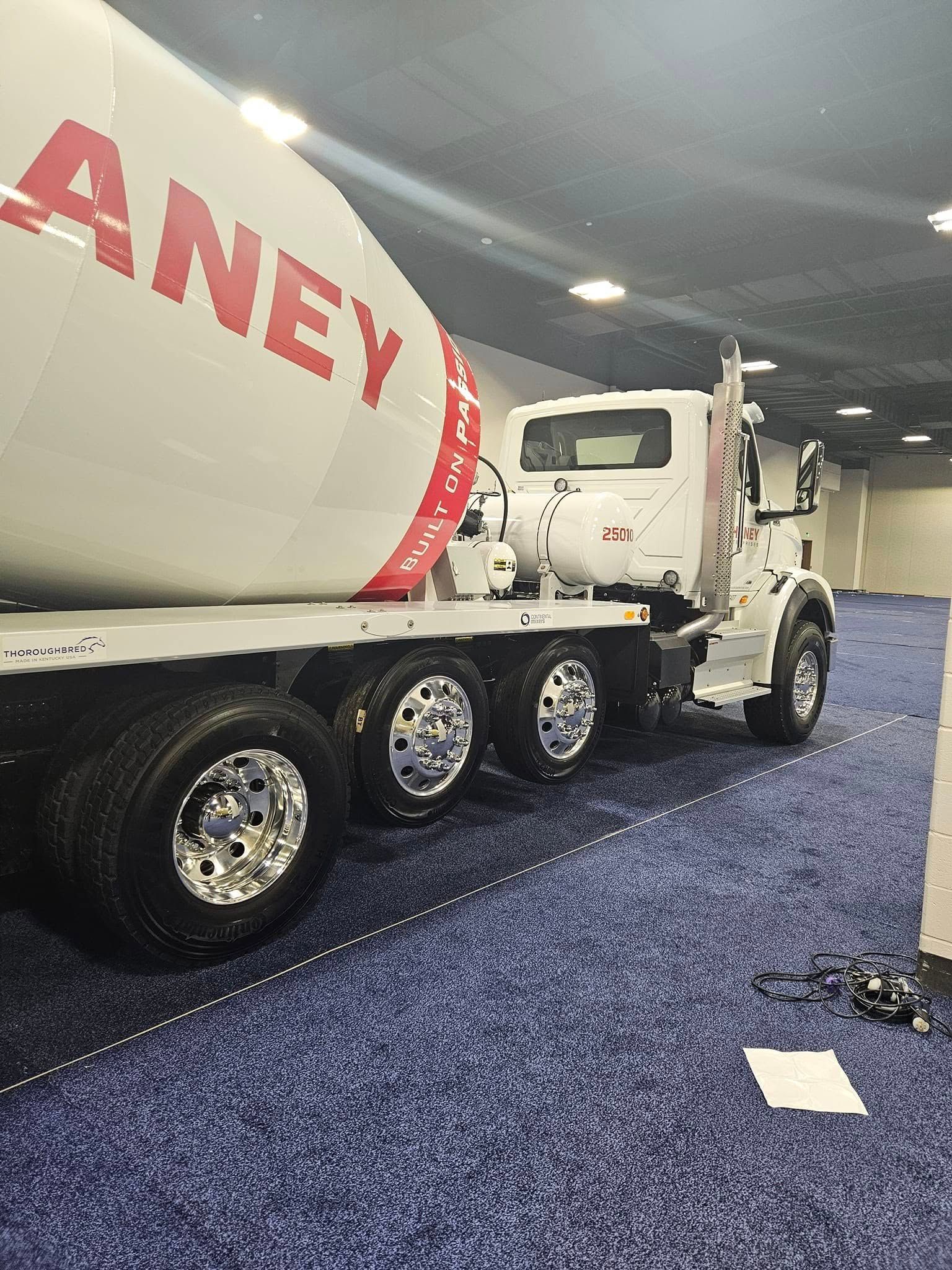 A white concrete mixer truck with 