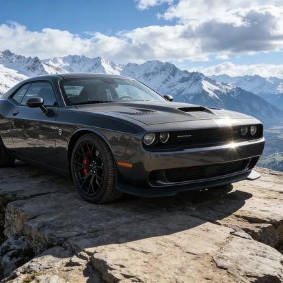 A dark gray Dodge Challenger parked on a rocky cliff edge, set against a backdrop of snow-capped mountains.