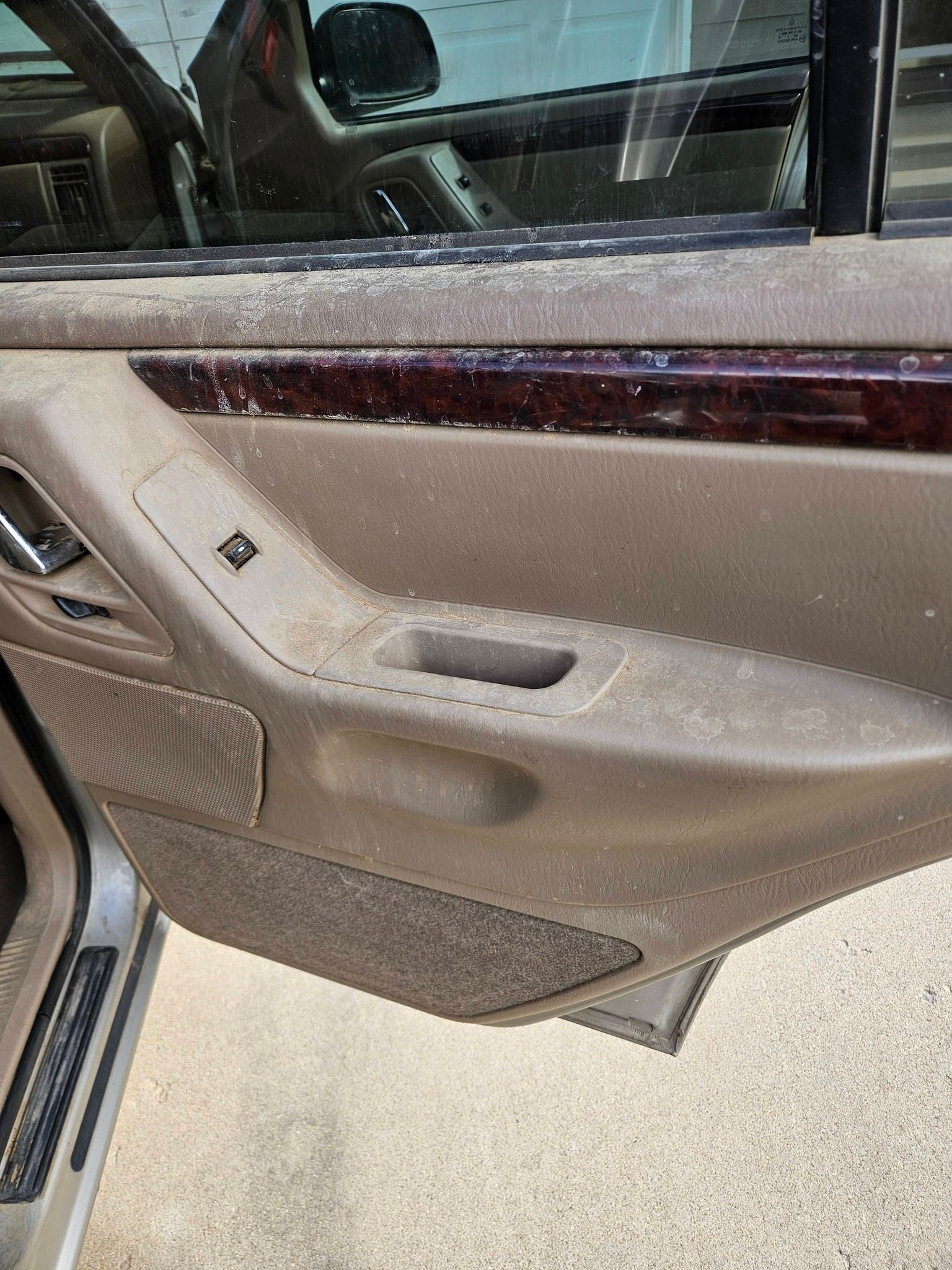 A dusty, tan-colored car interior door panel with a wood-grain trim accent and visible speaker and window control.