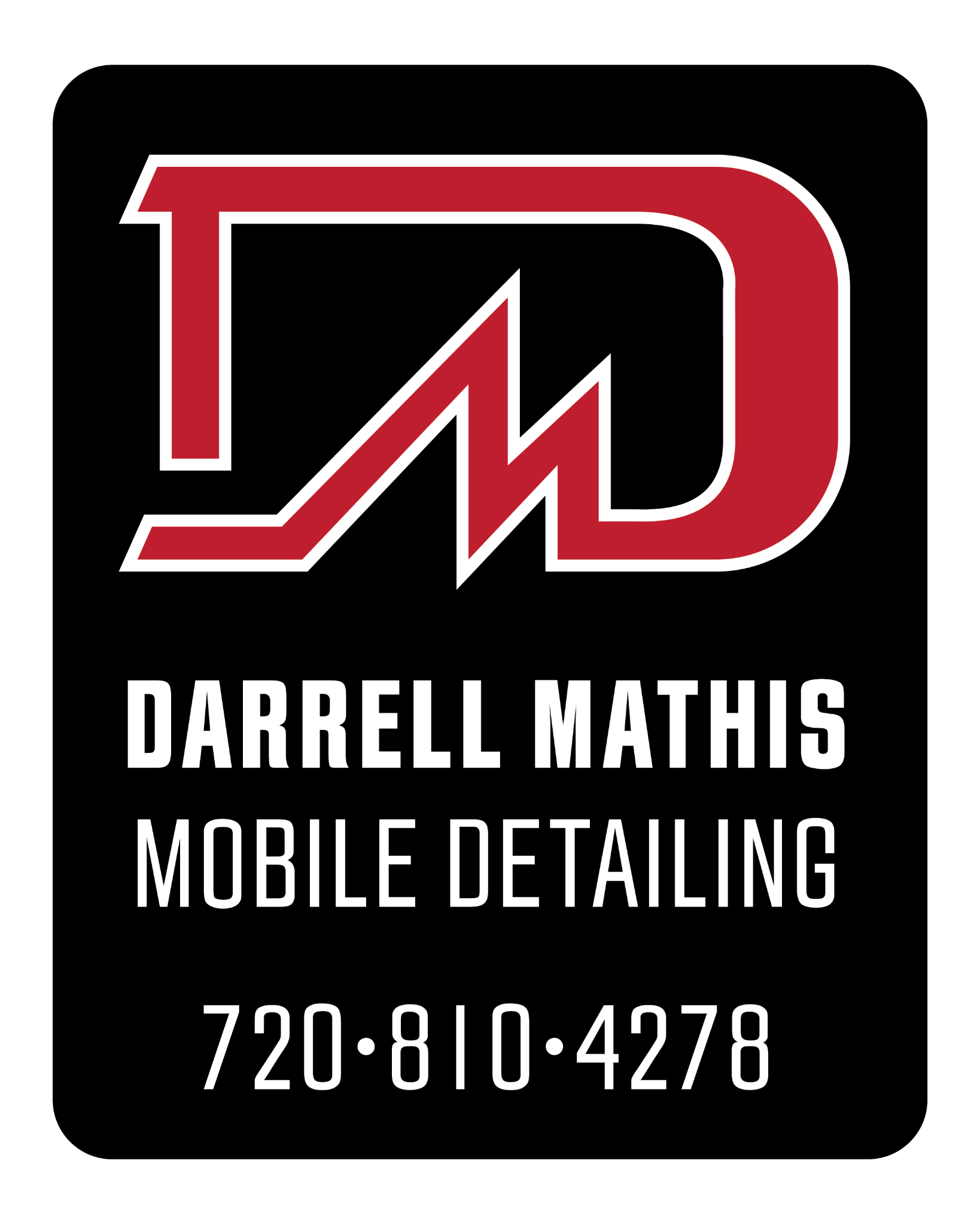 Logo for Darrell Mathis Mobile Detailing with a red DM emblem on a black background and the phone number 720-810-4278.