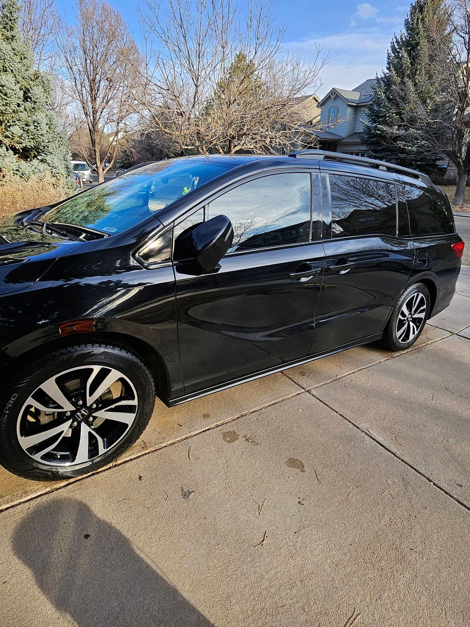A sleek black minivan parked on a residential driveway on a sunny day.
