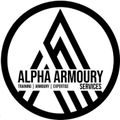 A black and white logo for alpha armoury services.