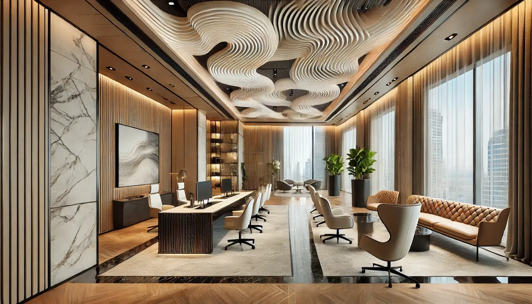 Modern luxury office space with marble accents, warm lighting, a wooden desk, comfortable seating