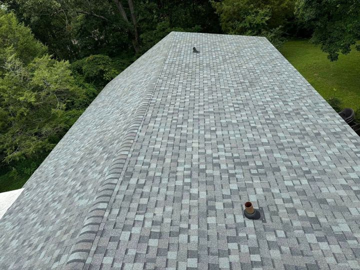 A high-angle view of a gray, textured shingle roof with a chimney, surrounded by lush green trees.