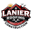 Logo for Lanier Roofing Construction in Greenville, KY, featuring a house roof, sun, birds, and crossed hammers.