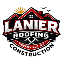 Logo for Lanier Roofing Construction in Greenville, KY, featuring a house roof, sun, birds, and crossed hammers.