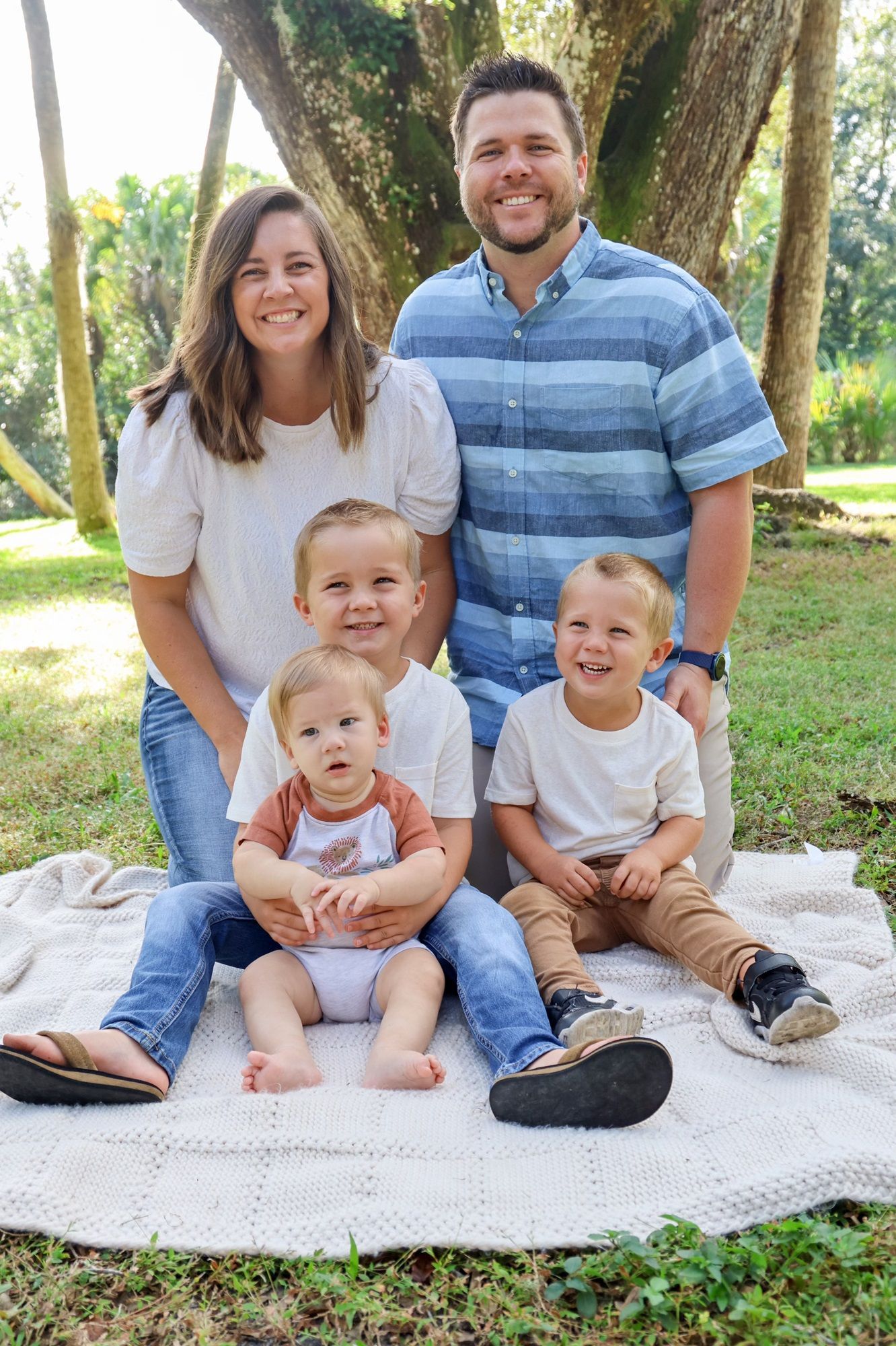A family is posing for a picture while sitting on a blanket in the grass.