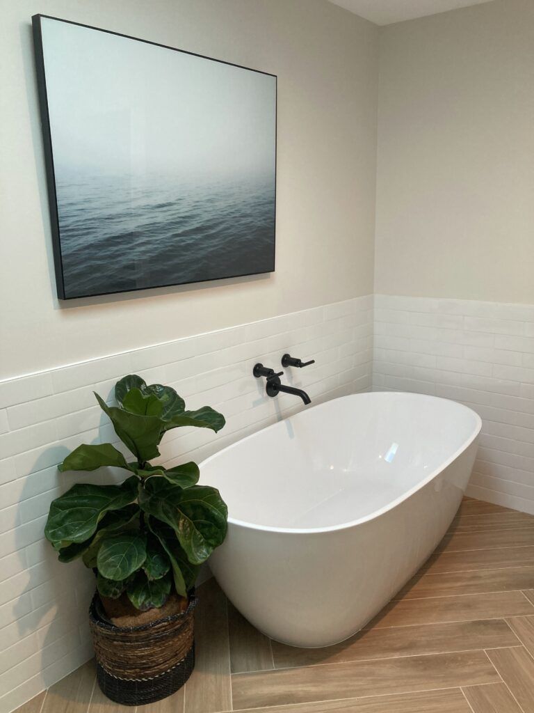 A bathroom with a bathtub and a potted plant.