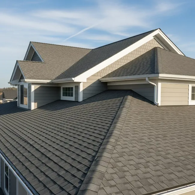 Aerial view of a suburban house with a dark gray shingle roof and a small balcony under a blue sky