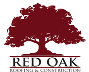 A dark red oak tree logo above the text "RED OAK ROOFING & CONSTRUCTION" in a black serif font.