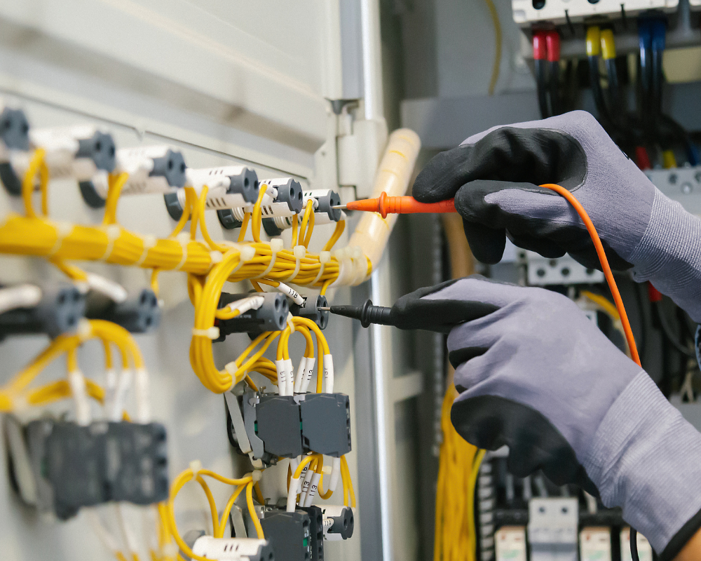 Electrician testing wires in electrical panel with a multimeter, wearing gloves.