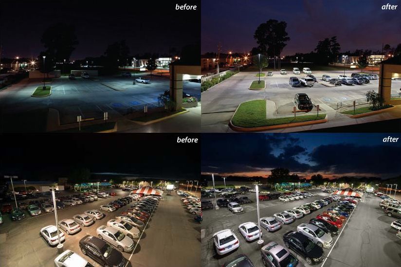 Before and After Images of Parking Area With Old and New Lighting