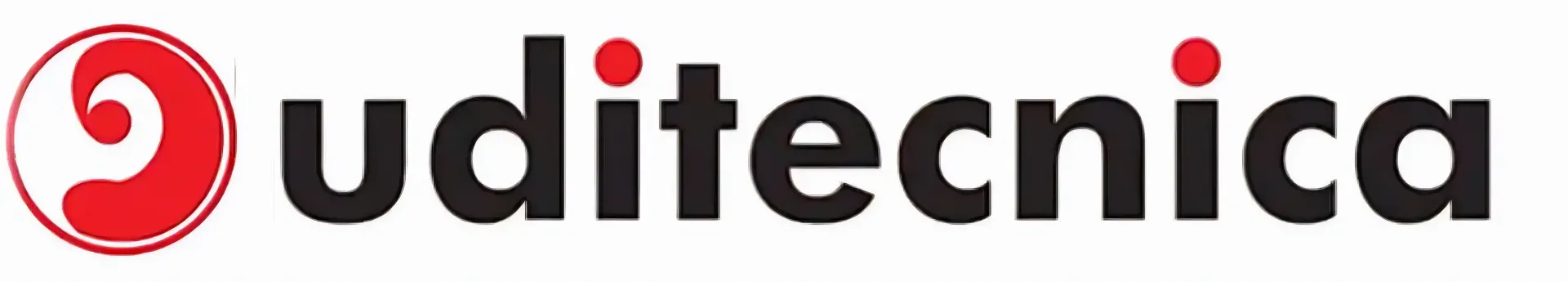 Logo per Uditecnica caratterizzato da un'icona a spirale rossa all'interno di un cerchio, accanto alla parola "uditecnica" in nero, con due punti rossi.