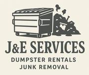 Logo: dumpster and workers, "J&E Services" with "Dumpster Rentals" and "Junk Removal" text.
