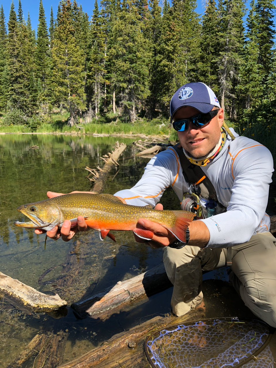 a man is kneeling on a log holding a large fish in his hands .