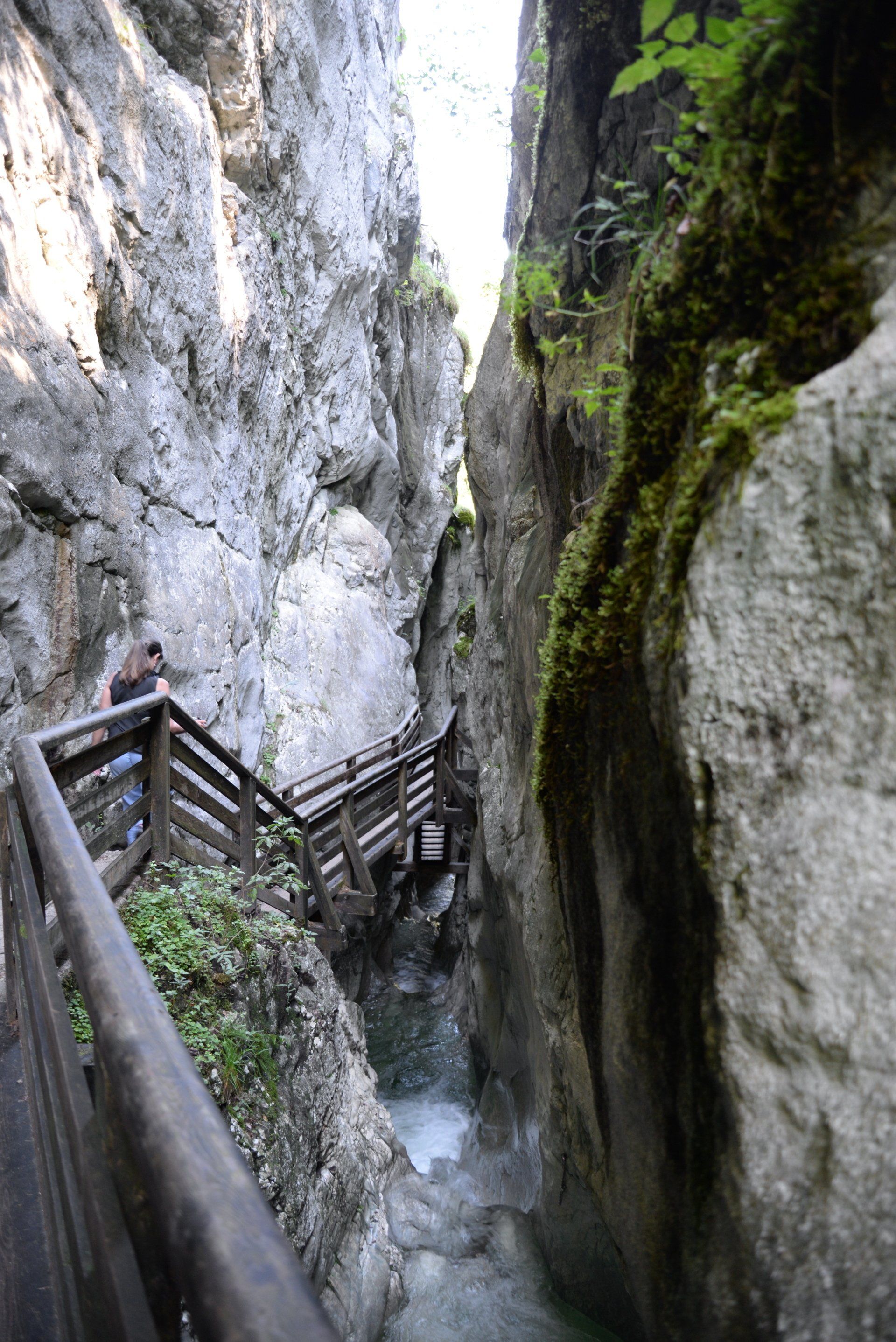 Enge Schlucht mit Holztreppe und Geländer. Eine Person blickt in den Abgrund hinunter.