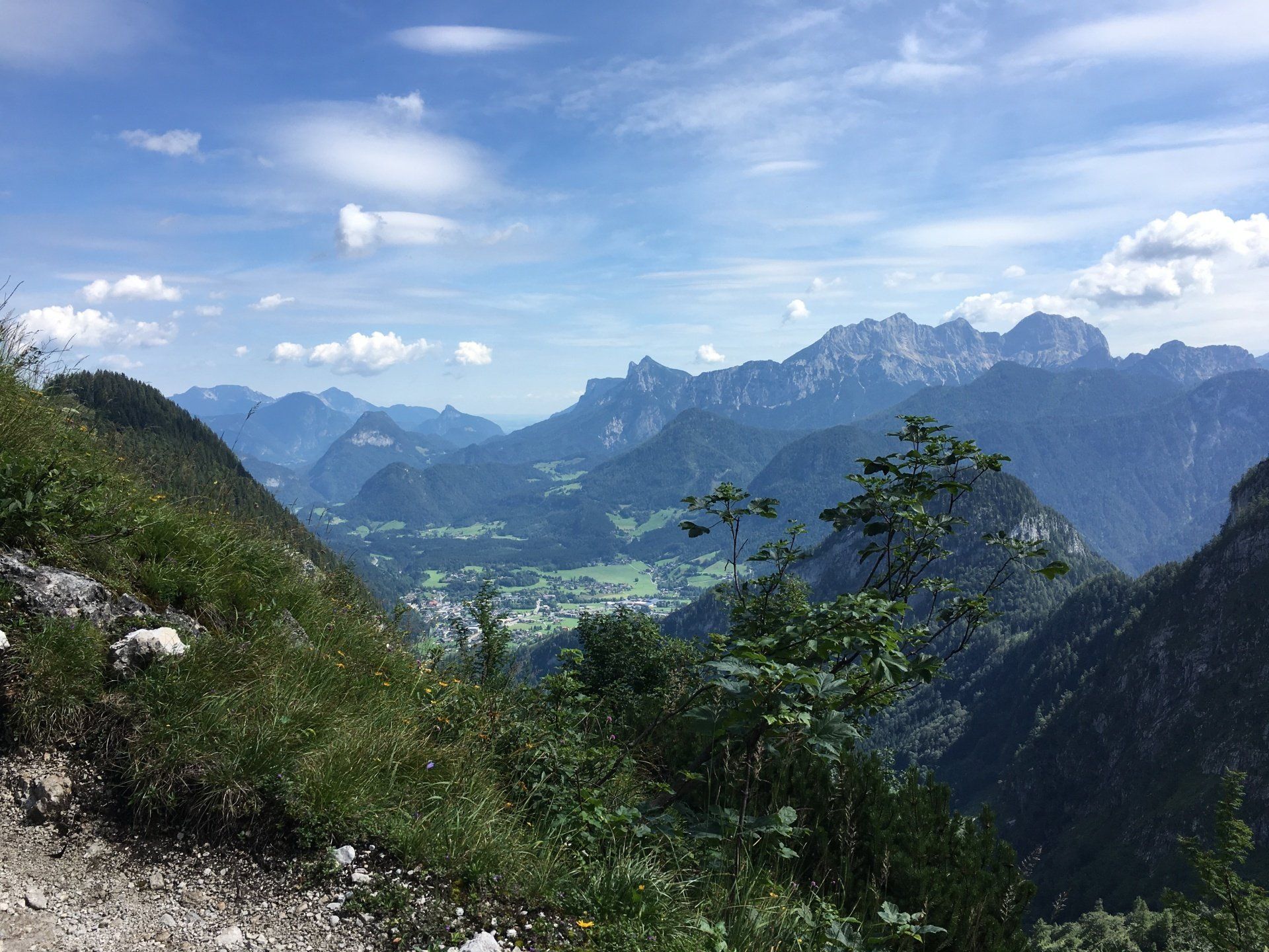Berglandschaft mit Wald, grünen Feldern und fernen Bergen unter blauem Himmel.