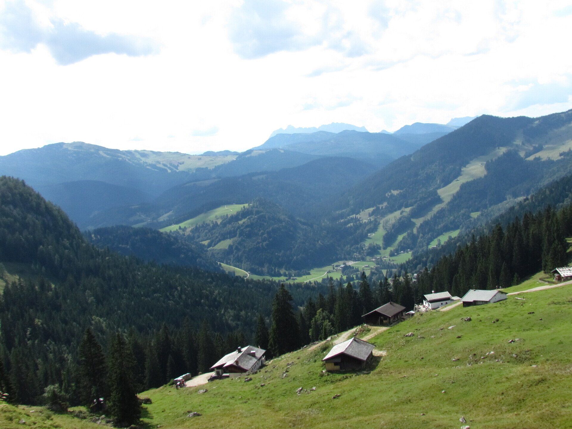 Grünes Bergtal mit kleinen Hütten und Wald unter bewölktem Himmel.
