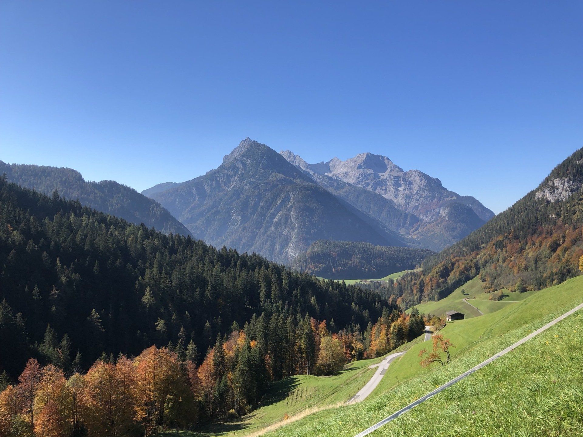 Berge und Täler mit grünen und herbstlich gefärbten Bäumen unter klarem, blauem Himmel.