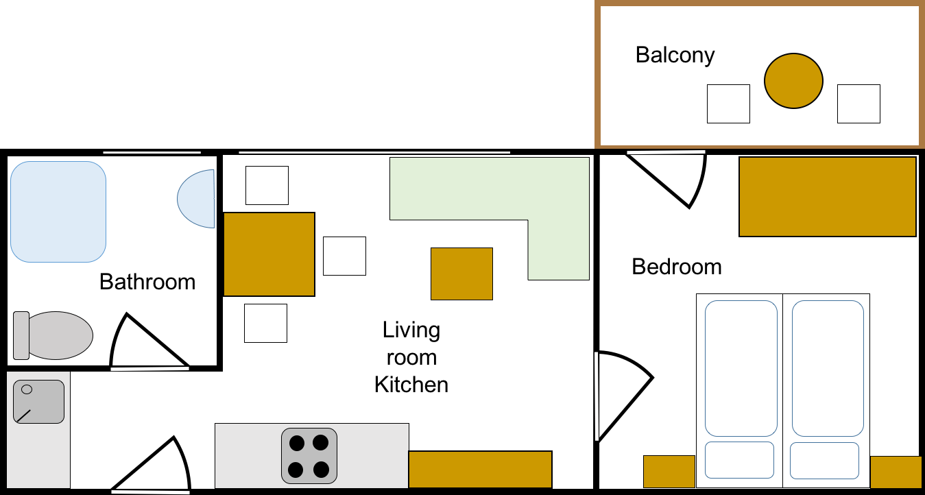 floor plan of apartment with one bedroom and balcony 