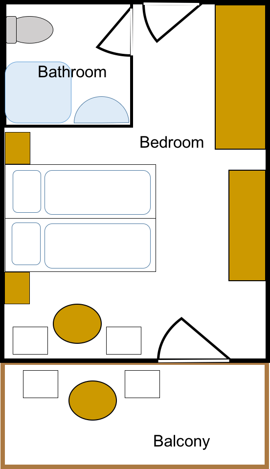 a floor plan of a double room with balcony and bathroom