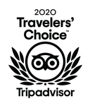 Logo des Travelers' Choice Awards 2020 für haus patricia, schwarzer Text und Eulenemblem auf weißem Hintergrund.