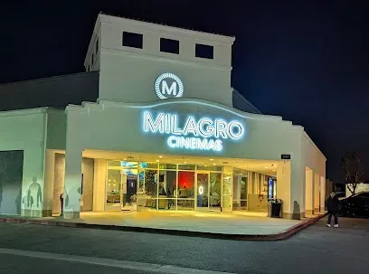 Tree Service Elmonte-Exterior of Milagro Cinemas at night with glowing marquee lights, glass entryway, and a modern, welcoming atmosphere. A few people are near the entrance.